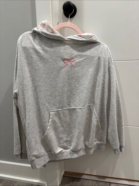 SHEIN Light Gray Hoodie with Pink Bow Detail